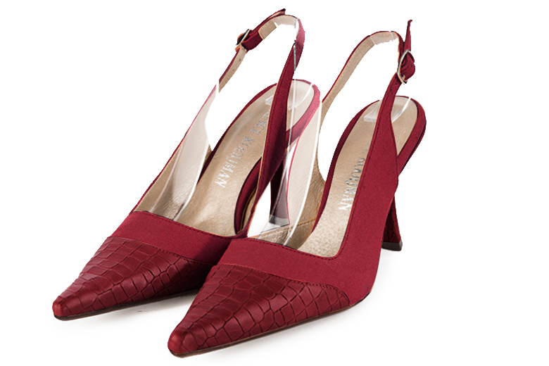 Burgundy red women's slingback shoes. Pointed toe. High spool heels. Front view - Florence KOOIJMAN